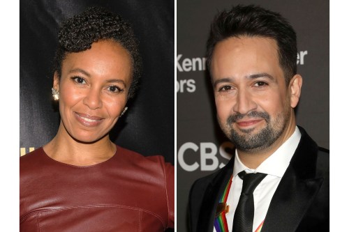 Eisa Davis appears at The 2016 Lucille Lortel Awards for Outstanding Achievement Off-Broadway on May 1, 2016, in New York, left, and Lin-Manuel Miranda appears at the Kennedy Center Honors in Washington on Dec. 3, 2023. (AP Photo)