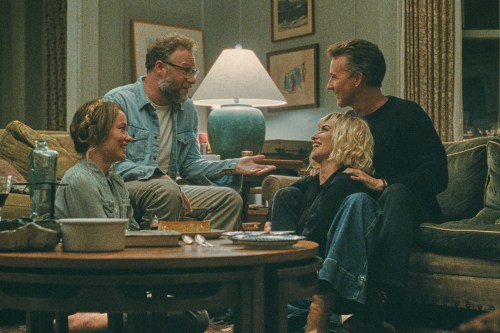 This image released by A24 shows, from left, Olivia Wilde, Seth Rogen, Penelope Cruz, and Edward Norton in a scene from 