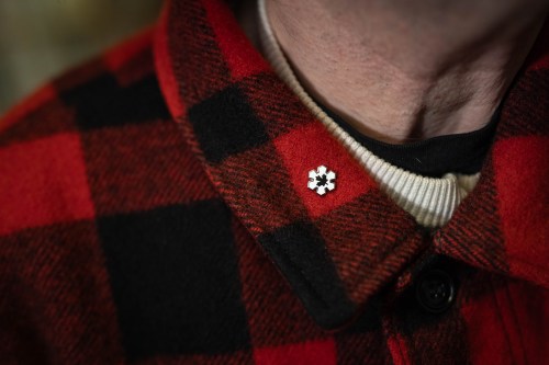 The Order of Canada pin is seen on the lapel of Canadian journalist and musician Nardwuar the Human Serviette at Neptune Records in Vancouver on Monday, Dec. 29, 2025. THE CANADIAN PRESS/Ethan Cairns