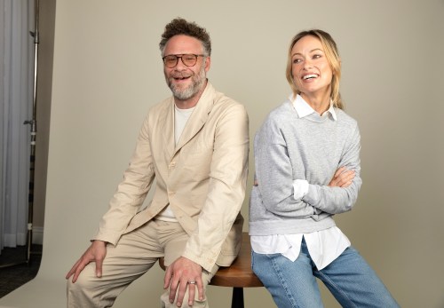 Seth Rogen, left, and Olivia Wilde pose for a portrait in Los Angeles to promote their film 