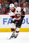 Ottawa Senators' Claude Giroux (28) controls the puck against the Carolina Hurricanes during the third period of Game 2 of an NHL hockey Stanley Cup first-round playoff series in Raleigh, N.C., Monday, April 20, 2026. (AP Photo/Karl DeBlaker)