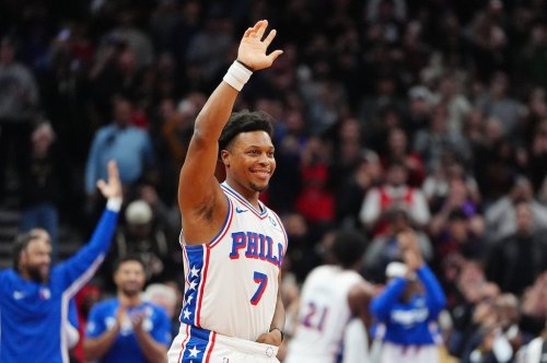 Philadelphia 76ers guard Kyle Lowry (7) acknowledges the fans as he's brought in during the final minutes of second half NBA basketball action against his former team, the Toronto Raptors, in Toronto, Monday, Jan. 12, 2026. THE CANADIAN PRESS/Frank Gunn