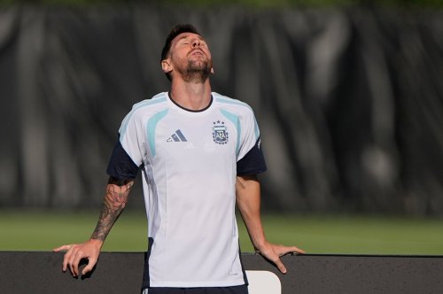Argentina's Lionel Messi waits to participate in a drill during practice for the World Cup soccer tournament Monday, June 15, 2026, in Kansas City, Kan. (AP Photo/Charlie Riedel)