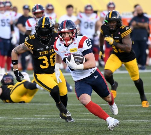 Montreal Alouettes' Tyler Snead (85) looks for an opening against the Hamilton Tiger-Cats during first-half CFL football action in Hamilton on Thursday, June 4, 2026. THE CANADIAN PRESS/Barry Gray