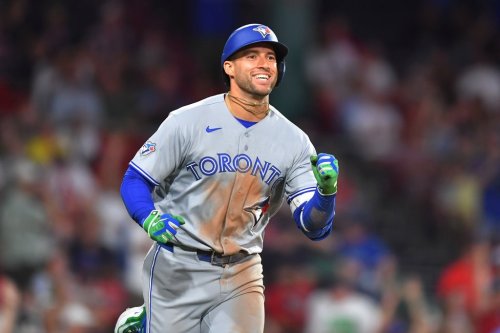 Toronto Blue Jays' George Springer celebrates as he runs the bases after hitting a two-run home run in the ninth inning of a baseball game against the Boston Red Sox, Tuesday, June 16, 2026, in Boston. (AP Photo/Steven Senne)