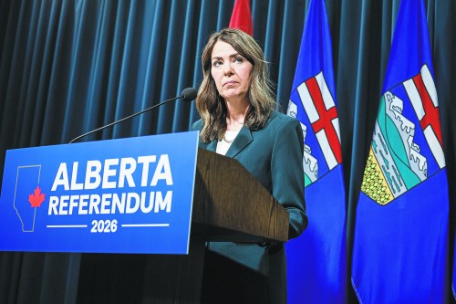 Alberta Premier Danielle Smith speaks during a news conference in Calgary on May 22. David McLaughlin points to Brexit as he warns Alberta about the economic drawbacks of separation. (The Canadian Press files)