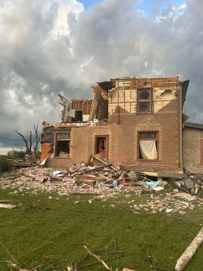 A farm home in the Rossburn area lies in ruins after a tornado tore through the region on Sunday night. It was one of two tornadoes that are known to Environment Canada, with the other spotted near Roblin. (Photo by the Rossburn Fire Department)