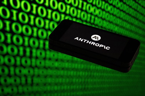 This photograph shows a smartphone displaying the logo of the U.S. artificial intelligence safety and research company Anthropic, in Mulhouse, France, on April 21. (Tribune News Service)