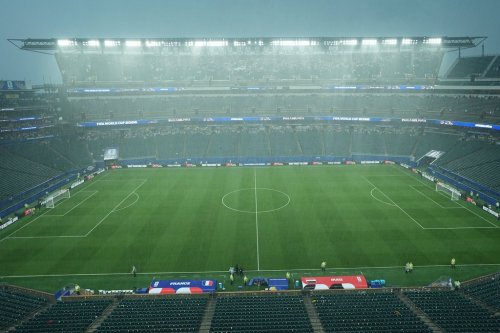 A general view of the stadium during a storm delay in the World Cup Group I soccer match between France and Iraq in Philadelphia, Monday, June 22, 2026. (AP Photo/Matt Rourke)
