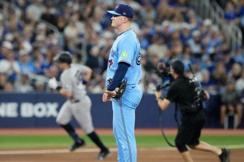 Blue Jays reliever Braydon Fisher (63) reacts as New York Yankees designated Ben Rice (22) rounds the bases after hitting a two-run homer in Toronto on Sunday, June 14, 2026. THE CANADIAN PRESS/Chris Young