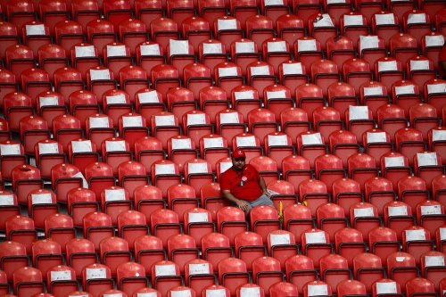 A Canada fan sits alone in a section of the stands during second half group B World Cup soccer action, in Toronto, Friday, June 12, 2026. THE CANADIAN PRESS/Sammy Kogan