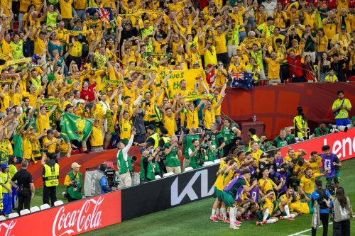 Australia's players celebrate with their fans after beating Turkey at a World Cup Group D soccer match, in Vancouver, on Saturday, June 13, 2026. THE CANADIAN PRESS/Timothy Matwey