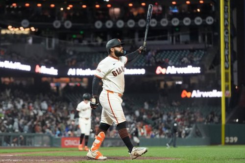 San Francisco Giants' Heliot Ramos gestures after hitting a two-run home run during the eighth inning of a baseball game against the Toronto Blue Jays Monday, July 6, 2026, in San Francisco. (AP Photo/Jeff Chiu)