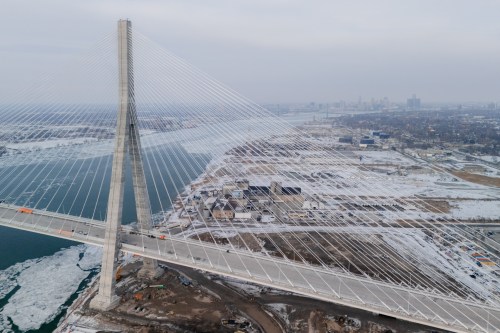 Construction on the Gordie Howe International Bridge, is seen in Windsor, Ont., on Tuesday, Feb. 10, 2026. THE CANADIAN PRESS/Dax Melmer