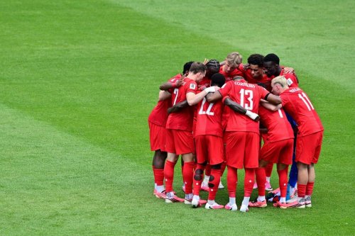 Canada players huddle at the end of first half group B World Cup soccer action against Bosnia and Herzegovina, in Toronto, Friday, June 12, 2026. THE CANADIAN PRESS/Sammy Kogan