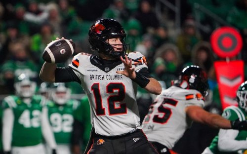 B.C. Lions quarterback Nathan Rourke (12) throws against the Saskatchewan Roughriders during the first half of CFL West Division Final football action in Regina on Saturday, Nov. 8, 2025. THE CANADIAN PRESS/Heywood Yu