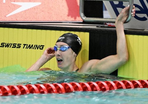Taylor Ruck reacts following women's 100-metre backstroke final at the Canadian Swimming Trials in Montreal, on Sunday, July 5, 2026. THE CANADIAN PRESS/Graham Hughes