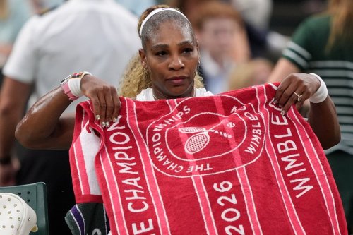 Serena Williams of the United States sits during a changeover in her first round women's singles match against Maya Joint of Australia, at the Wimbledon Tennis Championships in London, Tuesday, June 30, 2026. (AP Photo/Maja Smiejkowska)