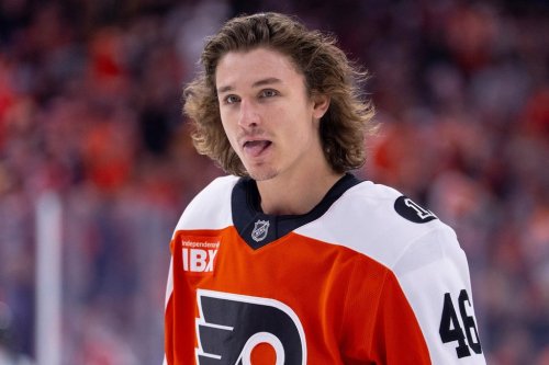FILE - Philadelphia Flyers center Trevor Zegras looks on during the second period of an NHL hockey game against the Carolina Hurricanes, on April 13, 2026, in Philadelphia. (AP Photo/Chris Szagola, File)