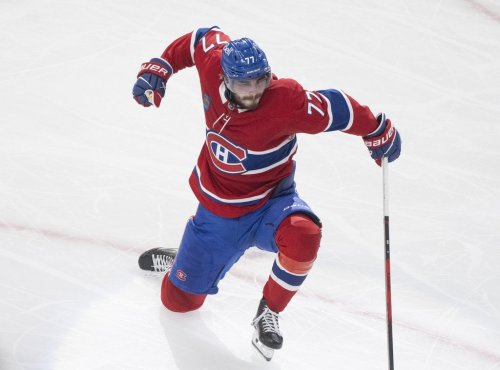 Montreal Canadiens' Kirby Dach (77) celebrates his goal during third period second round, Game 3, NHL playoff action against the Buffalo Sabres, in Montreal on Sunday, May 10, 2026. THE CANADIAN PRESS/Christinne Muschi