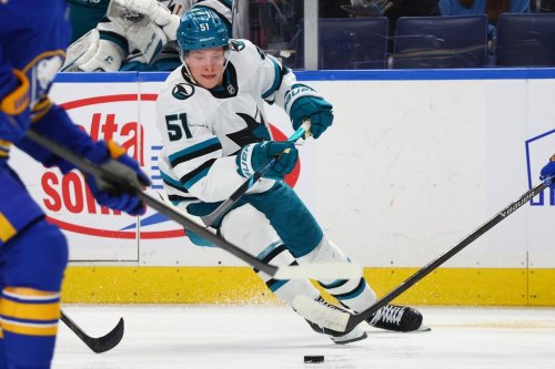 FILE - San Jose Sharks right wing Collin Graf (51) skates during the first period of an NHL hockey game against the Buffalo Sabres, March 10, 2026, in Buffalo, N.Y. (AP Photo/Jeffrey T. Barnes, File)