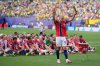 Norway's Erling Haaland (9) leads the team as they participate in a viking boat row after the World Cup round of 16 soccer match between Brazil and Norway in East Rutherford, N.J., near New York, Sunday, July 5, 2026. (AP Photo/Frank Franklin II)