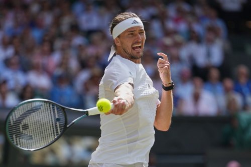Alexander Zverev of Germany celebrates winning a point against Arthur Fery of Britain during their men's singles semifinal match at the Wimbledon Tennis Championships in London, Friday, July 10, 2026. (AP Photo/Kirsty Wigglesworth)