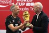 Prime Minister Mark Carney and FIFA President Gianni Infantino hold the World Cup trophy during a trophy tour event at Lansdowne Park's Aberdeen Pavilion, in Ottawa, on Sunday, May 24, 2026. THE CANADIAN PRESS/Justin Tang