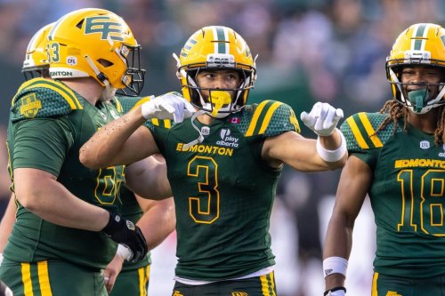 Edmonton Elks' Austin Mack (3) celebrates a first down against the BC Lions during second-half CFL football action in Edmonton on Friday, July 17, 2026. THE CANADIAN PRESS/Timothy Matwey