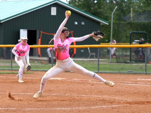 Virden&rsquo;s Hadley Robertson, shown throwing at the Wheat City Classic last month, can be a dominant pitcher on an under-15 Westman Magic team that has five chuckers. (Perry Bergson/The Brandon Sun)
                                July 9, 2026