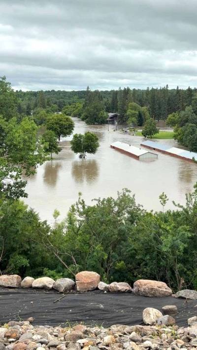 The Gilbert Plains Country Club storage sheds and clubhouse are shown impacted by significant flooding due to rainfall on Monday and Tuesday. As a result, the Golf Manitoba women's amateur and men's mid-amateur were cancelled this week. (Submitted)