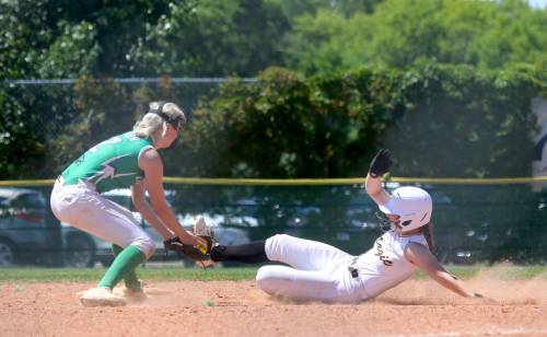 Sydney Dell of the Westman Magic slides safely into second base against the Winnipeg Lightning during their under-19 softball doubleheader at Ashley Neufeld Softball Complex on Sunday. Westman took the first game 6-5 and lost the second 13-0. (Thomas Friesen/The Brandon Sun)