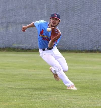JT Martine led the Brandon Cardinals to a 10-4 record, earning home-field advantage for the first round of the South West Baseball League playoffs against the Deloraine Royals. Brandon won the first game 3-0 on Tuesday. (Perry Bergson/The Brandon Sun)