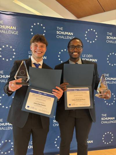 Brandon University students Josh Ransom (left) and Katlego Khoza pose for a picture after securing a top-three finish in the 2026 Schuman Challenge Canada in Ottawa in May. (Supplied)