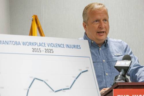 Kevin Rebeck, president of the Manitoba Federation of Labour, releases a report on Manitoba's workplace violence epidemic during a press conference Monday morning in Winnipeg. (Mike Deal/Winnipeg Free Press)