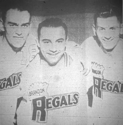 Les Lilley, Lucien Dechene and Don (Bones) Raleigh pose after a 5-0 Brandon Regals victory over the Victoria Cougars on Oct. 17, 1956. Lilley and Raleigh both scored and Dechene posted a shutout to allow the Regals to jump back into the lead in the Prairie Division. (Brandon Sun files)