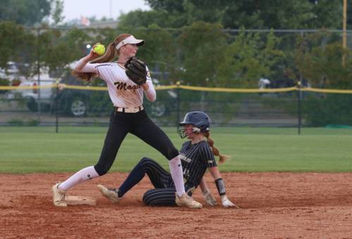 Westman Magic shortstop Kasia Baranyk turns a double play as Manitoba Angels base runner Lacey Bayes slides into second base at Softball Manitoba&rsquo;s under-17 provincial championship at Ashley Neufeld Softball Complex on Thursday afternoon. Westman won 12-1. (Perry Bergson/The Brandon Sun)