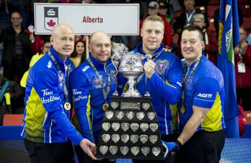 Team Alberta skip Kevin Koe (from left), third B.J. Neufeld, second Colton Flasch and lead Ben Hebert hold the Brier tankard after beating Team Wild Card at the Brier in Brandon on March 10, 2019. (The Canadian Press files)