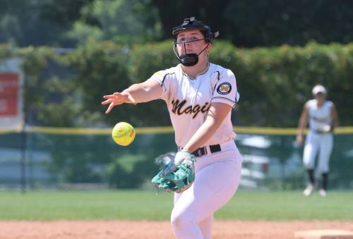 Westman Magic pitcher Jayce Whiteside delivers to an Eastman Wildcats batter during the second day of competition at Softball Manitoba&rsquo;s under-17 provincial championship at Ashley Neufeld Softball Complex on Friday afternoon. (Perry Bergson/The Brandon Sun)