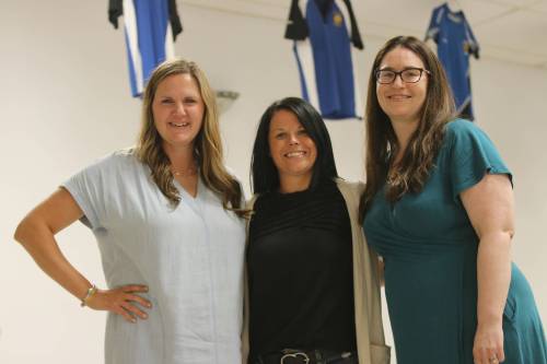 Jill Early, Renee Turner and Lynn Cliplef were part of the first Souris Sabres girls' rugby team back in 2001-02. The program celebrated its 25th anniversary on Saturday in Souris. (Perry Bergson/The Brandon Sun)