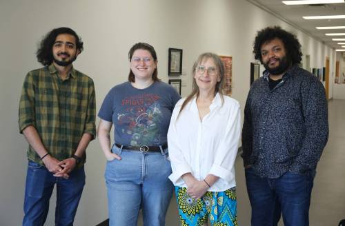 A large-scale art exhibition featuring 15 artists, including Dhairya Vaidya (from left), Shan Pullan, Chris Reid and Emil Reid will be open to the public beginning Aug. 6 at The Town Centre in Brandon. The exhibition showcases more than 45 pieces of artwork that will be displayed in vacant storefront windows as a way to revitalize the space. (Tessa Adamski/ The Brandon Sun)