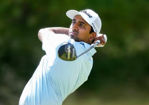 Canadian Sudarshan Yellamaraju hits his tee shot on the 18th hole during third round at the Canadian Open in Caledon, Ont., on June 13. (The Canadian Press files)