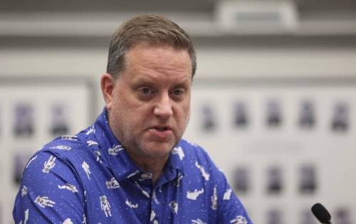 City of Brandon parks director Bryce Wilson speaks at city council on Monday evening. Wilson said the city has typically seen between 35 and 60 people register for an exemption from fogging near their properties. (Alex Lambert/The Brandon Sun)