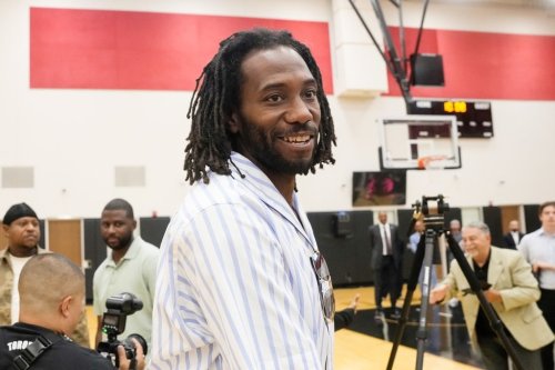 Kawhi Leonard attends a press conference where former teammate Kyle Lowry signed a one-day contract to retire as a Toronto Raptor, in Toronto, on Tuesday, July 7, 2026. THE CANADIAN PRESS/Chris Young