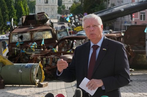 FILE - U.S. Sen. Lindsey Graham, R-S.C. answer media questions near damaged Russian vehicles exhibition in central Kyiv, on July 10, 2026. (AP Photo/Efrem Lukatsky, File)