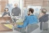 In this courtroom sketch, a witness describes video of an alleged attack on Salman Rushdie by Hadi Matar, in federal court in Buffalo, N.Y., Wednesday, July 22, 2026. Matar, foreground, is seated with his lawyer's co-council. (Alexandra Newbould via AP)