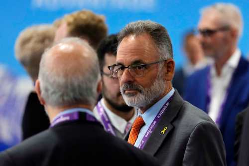Ambassador of Israel to Canada Iddo Moed tours the convention floor the Canadian Association of Defence and Security Industries annual defence industry trade show CANSEC, in Ottawa, on Wednesday, May 28, 2025. THE CANADIAN PRESS/Justin Tang