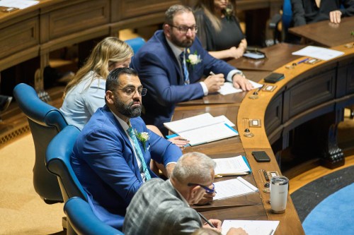 Leader of the Opposition Obby Khan listens as Manitoba Lt.-Gov. Anita Neville delivers the Speech from the Throne, at the Manitoba Legislative Building in Winnipeg, Tuesday, Nov. 18, 2025. THE CANADIAN PRESS/David Lipnowski