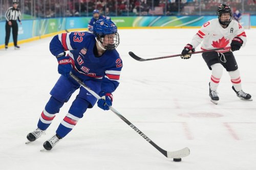 FILE - United States' Hannah Bilka (23) is in action during a women's ice hockey gold medal game between the United States and Canada at the 2026 Winter Olympics in Milan, Italy, Feb. 19, 2026. (AP Photo/Hassan Ammar, File)