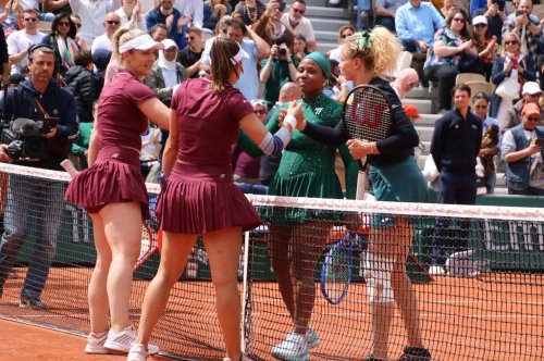 Canada's Gabriela Dabrowski, left, and Brazil's Luisa Stefani, second from left, congratulate American Taylor Townsend, second from right, and Czechia's Katerina Siniakova, after their women's doubles semifinal at the French Open at Roland-Garros, in Paris, on Friday, June 5, 2026. Siniakova and Townsend advanced to the final with a 6-0, 6-1 victory. THE CANADIAN PRESS/Stephanie Myles